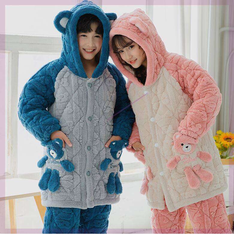 儿童睡衣冬季加厚款男童冬款加绒法兰绒三层夹棉珊瑚绒男孩家居服