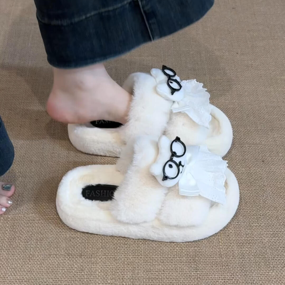 可爱自嘲熊棉拖鞋女款家居外穿秋冬季保暖厚底毛绒拖鞋鞋一字拖