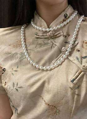 配旗袍项链珍珠双层短款女衣服装饰品小仙女宫廷毛衣链子复古颈链