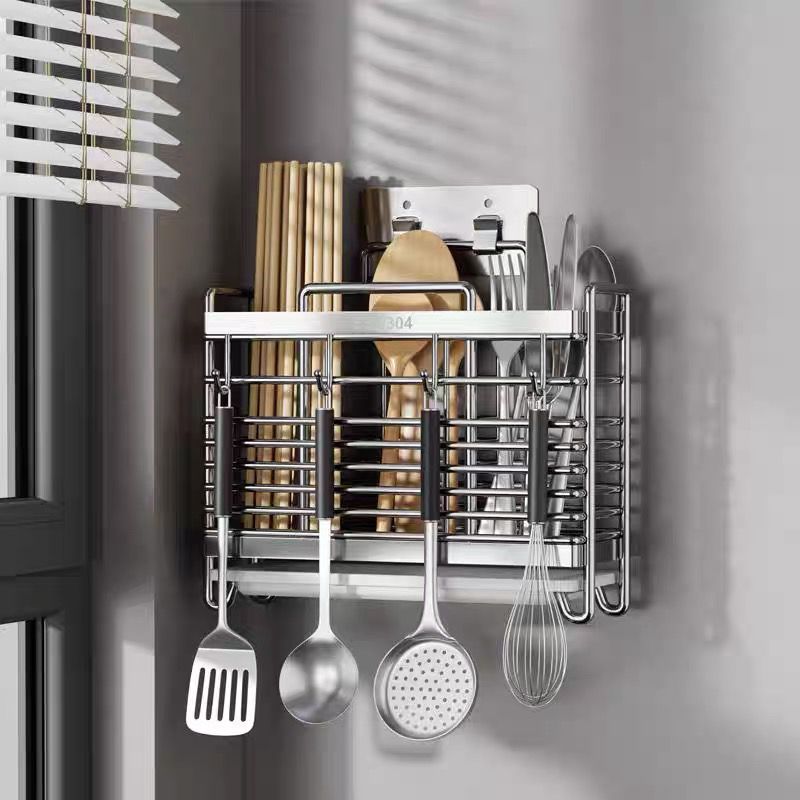 304不锈钢厨房置物架筷子架壁挂式免打孔筷子筒筷子收纳架沥水架