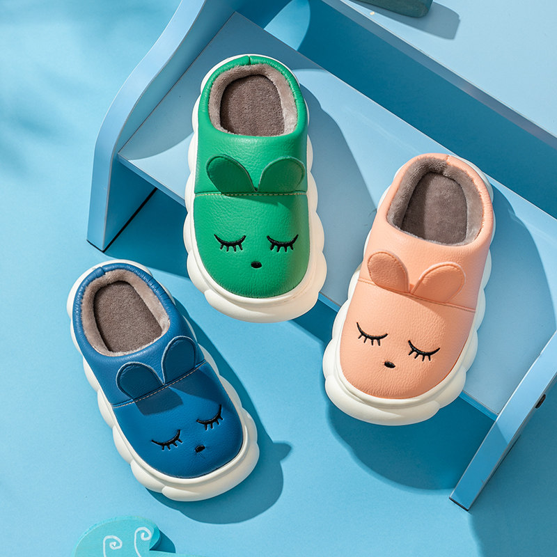 儿童棉拖鞋女童男童秋冬季女孩小孩室内防滑厚底防水PU皮面中大童