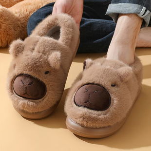 卡皮巴拉棉拖鞋包跟男女秋冬厚底室内家居保暖包头亲子款毛毛棉鞋