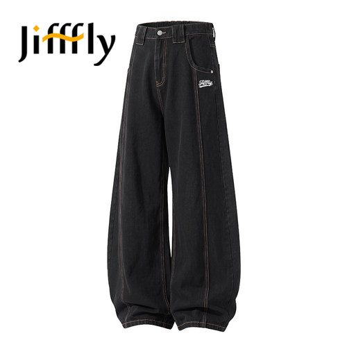 Jifffly美式弯刀牛仔裤男款修身显瘦宽松阔腿青少年帅气百搭长裤