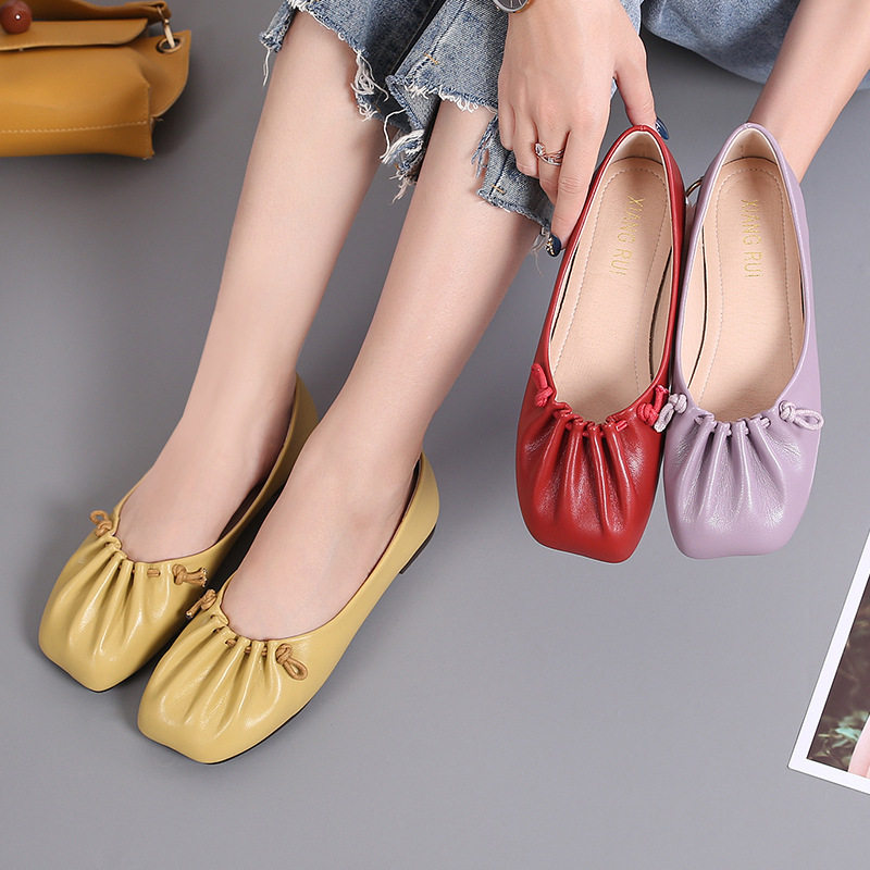 夏季软皮复古网红奶奶鞋2021年新款女软底豆豆鞋浅口平底鞋单鞋女