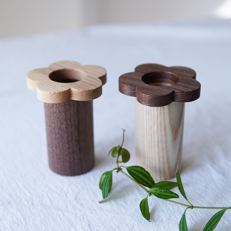 日式手作黑胡桃花朵收纳筒