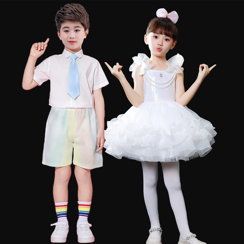 元旦儿童舞蹈演出服幼儿园舞台表演服小学生蓬蓬裙纱裙公主裙白色