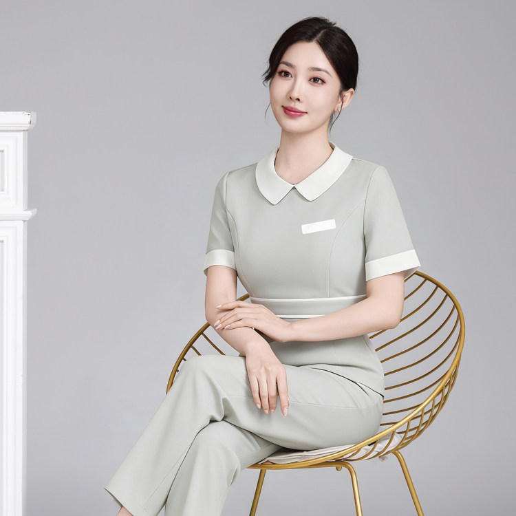 美容院工作服女高端气质采耳餐饮美发医疗前台美容师短袖套装夏天