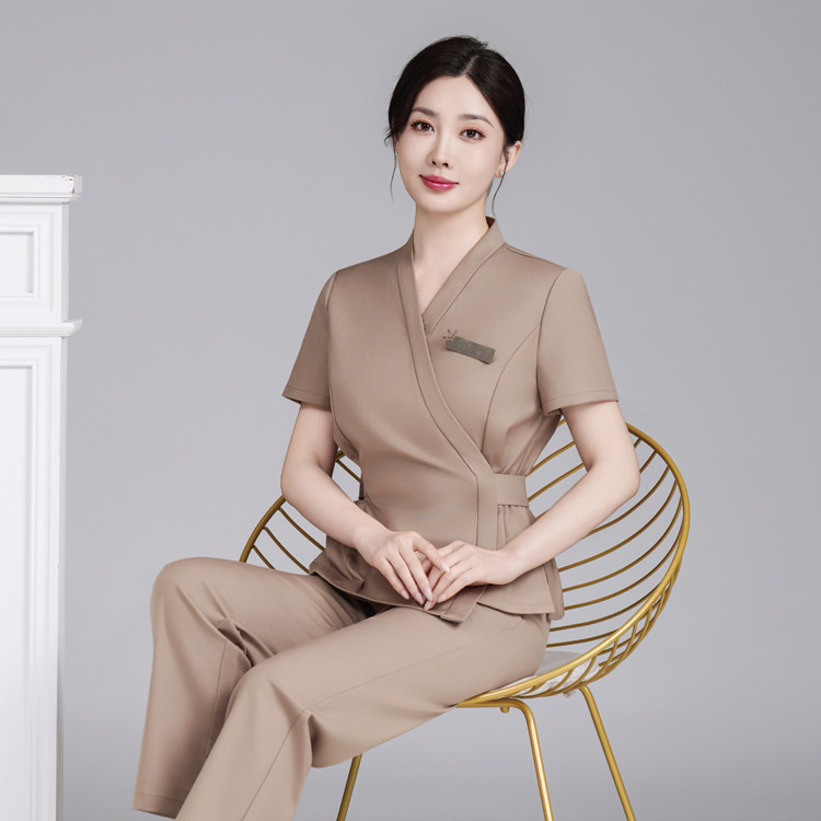 美容院美容师工作服女夏短袖技师服修身纯色显瘦薄款套装透气套装