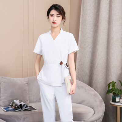 新款美容师工作服女养生馆足疗技师服中袖套装高端美容院气质工服