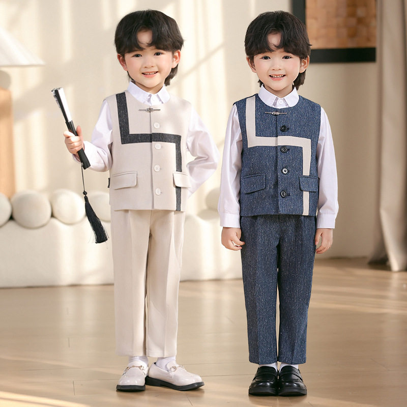 儿童西装礼服春夏款男童英伦绅士花童演出服男孩周岁生日马甲套装