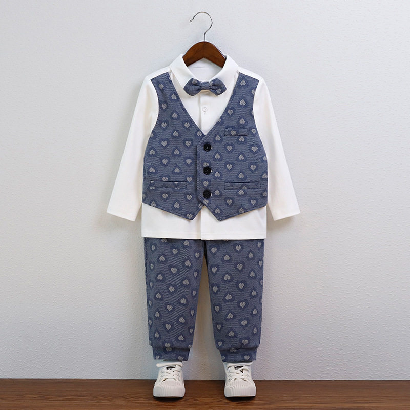 男童春秋套装婴幼儿拼接假两件长袖衬衫小西装英伦风儿童周岁礼服