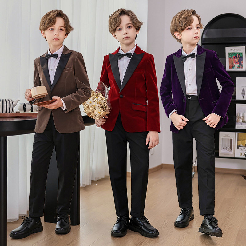 儿童西装英伦风男童丝绒西服周岁主持钢琴演出服花童礼服洋气外套