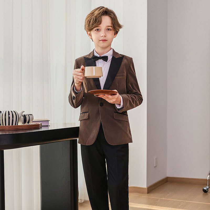 花童礼服儿童西装英伦风男童周岁主持钢琴演出服洋气丝绒西服外套