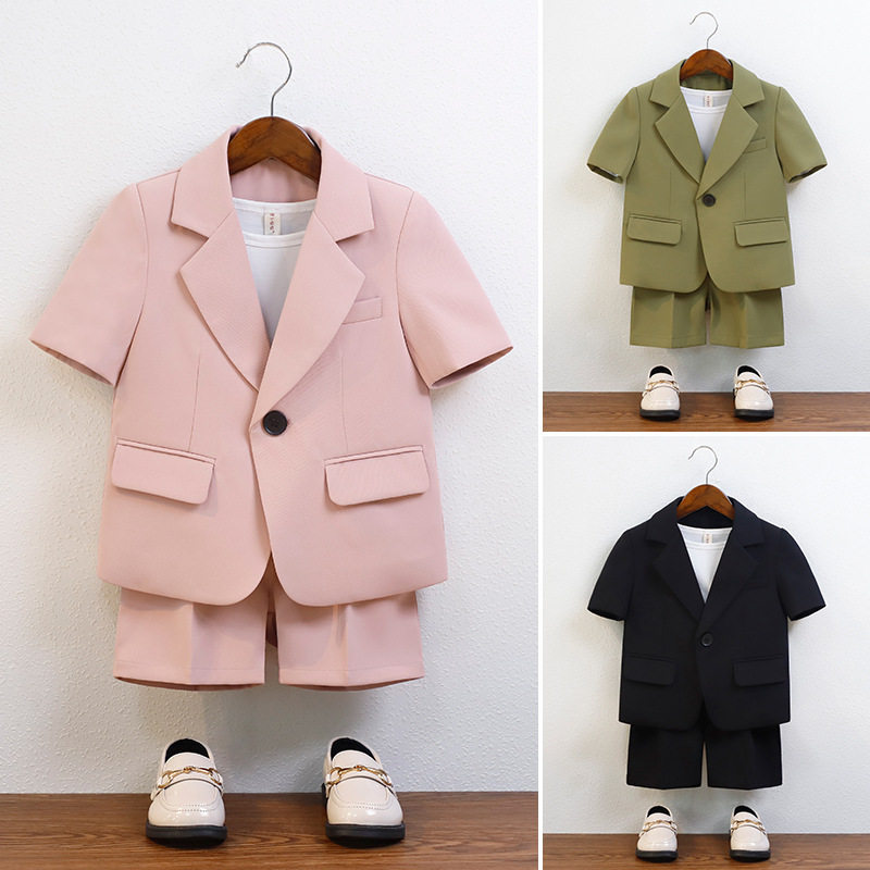 夏季炸街男童休闲西装套装帅气小男孩短袖西服主持儿童舞台演出服