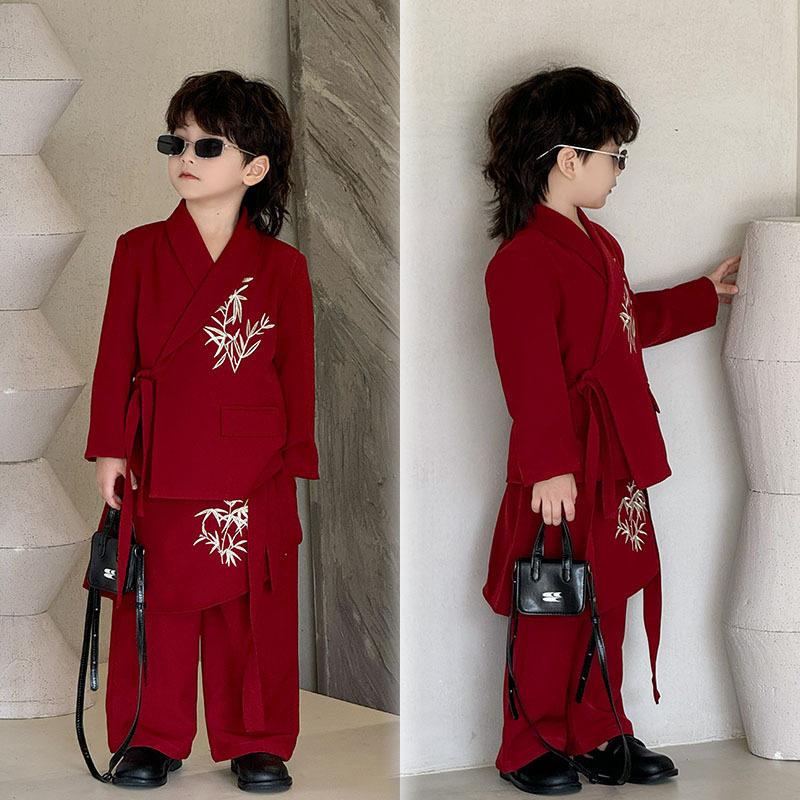 新中式男童西装套装国风儿童汉服2025新款周岁礼服男宝演出服唐装