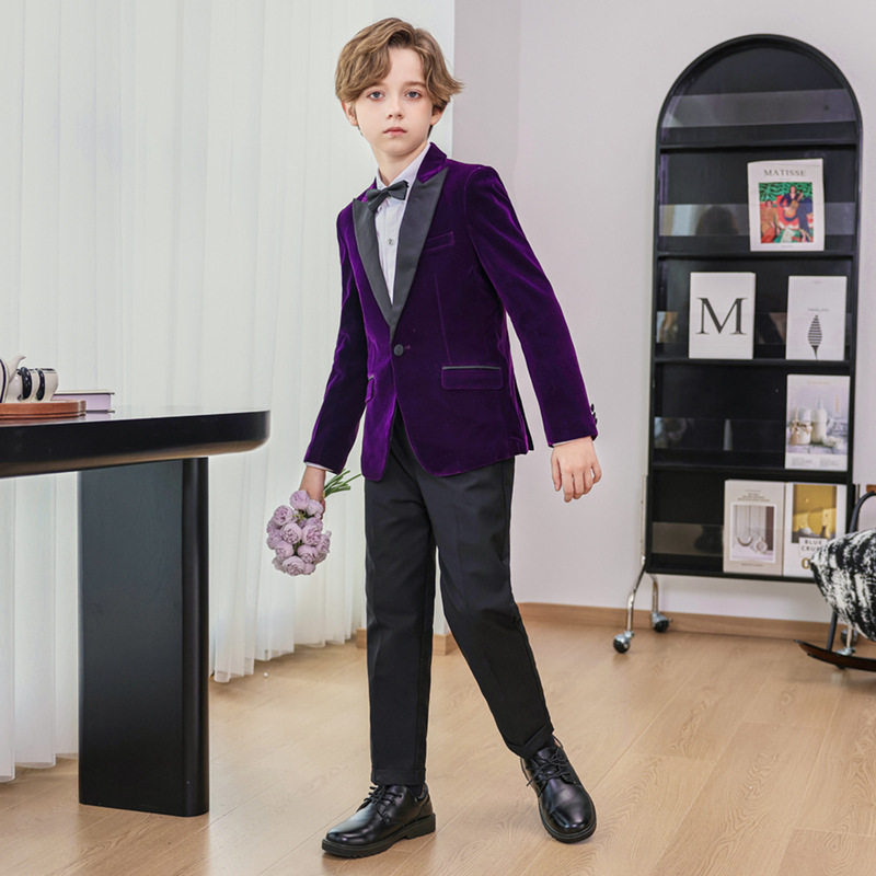 男童周岁主持钢琴演出服儿童西装英伦风花童礼服洋气丝绒西服外套