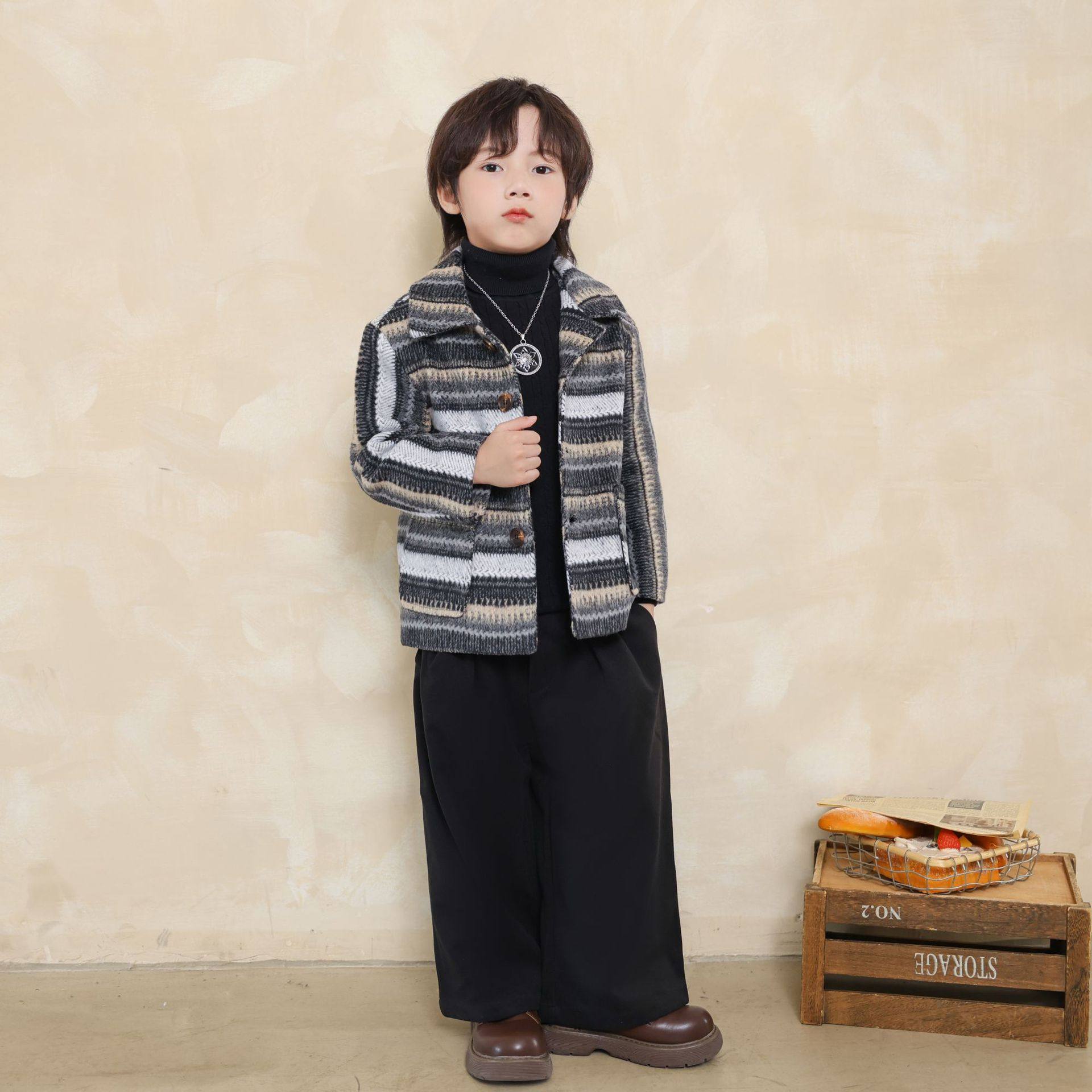 秋冬季条纹撞色休闲男童夹克衬衫式外套儿童酷帅穿搭潮流痞帅套装