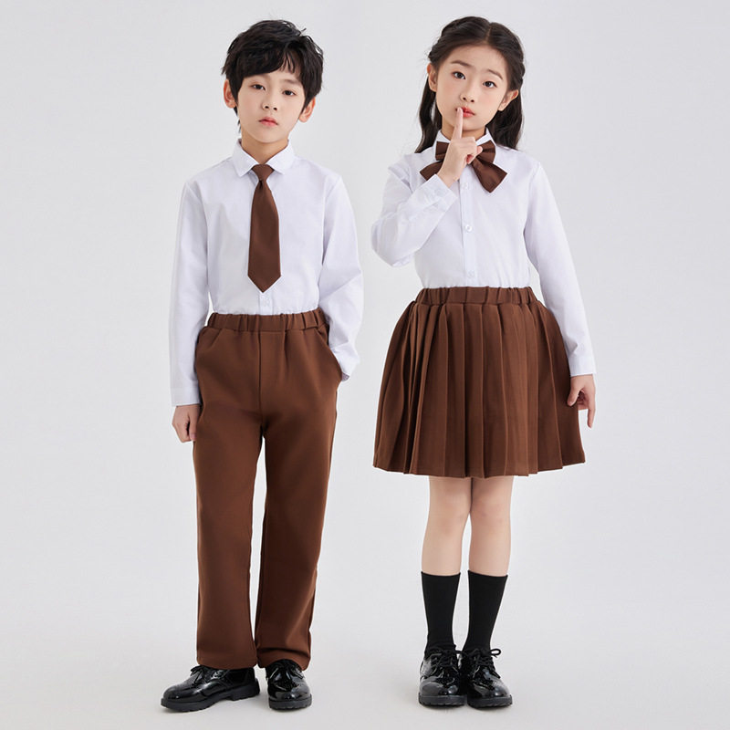 小学生班服白衬衫马甲咖色长裤短裙套装毕业合影服表演服春季新款