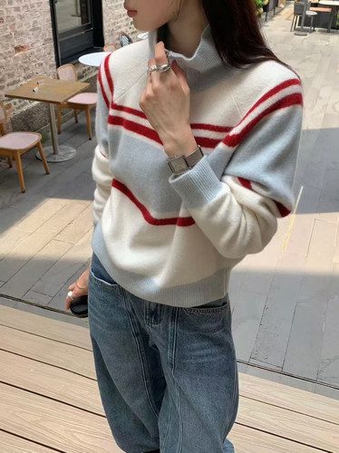 2025秋冬韩系复古撞色拼接条纹半拉链套头针织加厚毛衣