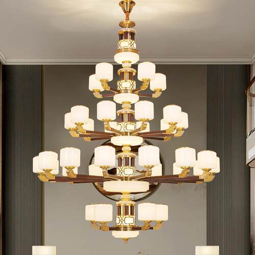 新中式全铜实木复式楼别墅客厅大吊灯跃层楼中楼中空自建房吊灯具