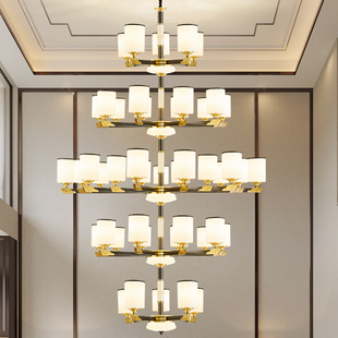 新中式复式楼大吊灯全铜玉石大气别墅客厅楼中楼挑空跃层大厅灯具