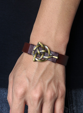 欧美复古手链小众感时尚凯尔特护身符编织手链真牛皮手环