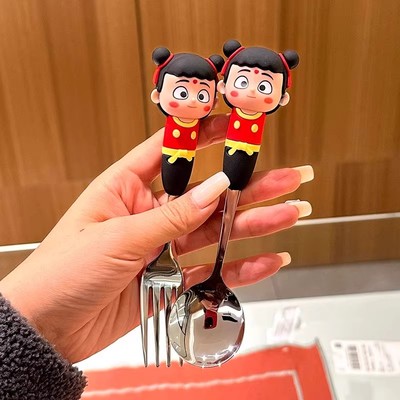 哪吒勺子家用304不锈钢吃饭勺子可爱卡通幼儿园吃饭勺儿童餐勺叉