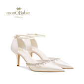 白色珍珠主婚纱新娘鞋 monobabie法式 夏季 一字带包头凉鞋 婚鞋 女