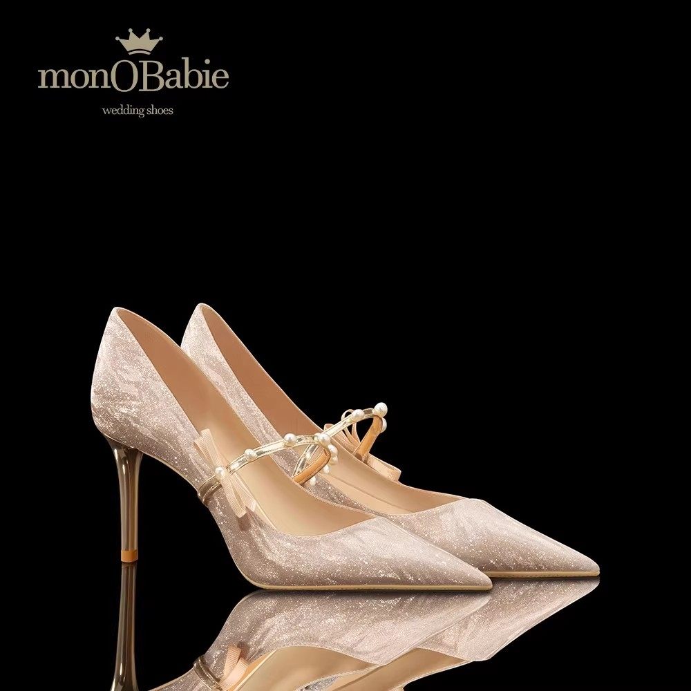 monobabie婚鞋女 秀禾主婚纱两穿金色绑带日常高跟水晶新娘单鞋
