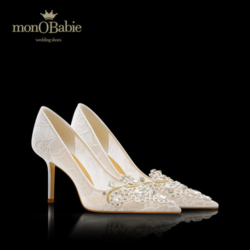 monobabie婚鞋女白色蕾丝高跟