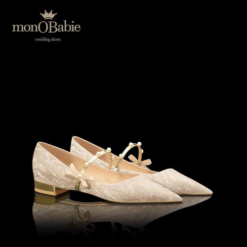 monobabie婚鞋女 平底不累脚新娘鞋禾秀婚纱两穿金色绑带订婚单鞋