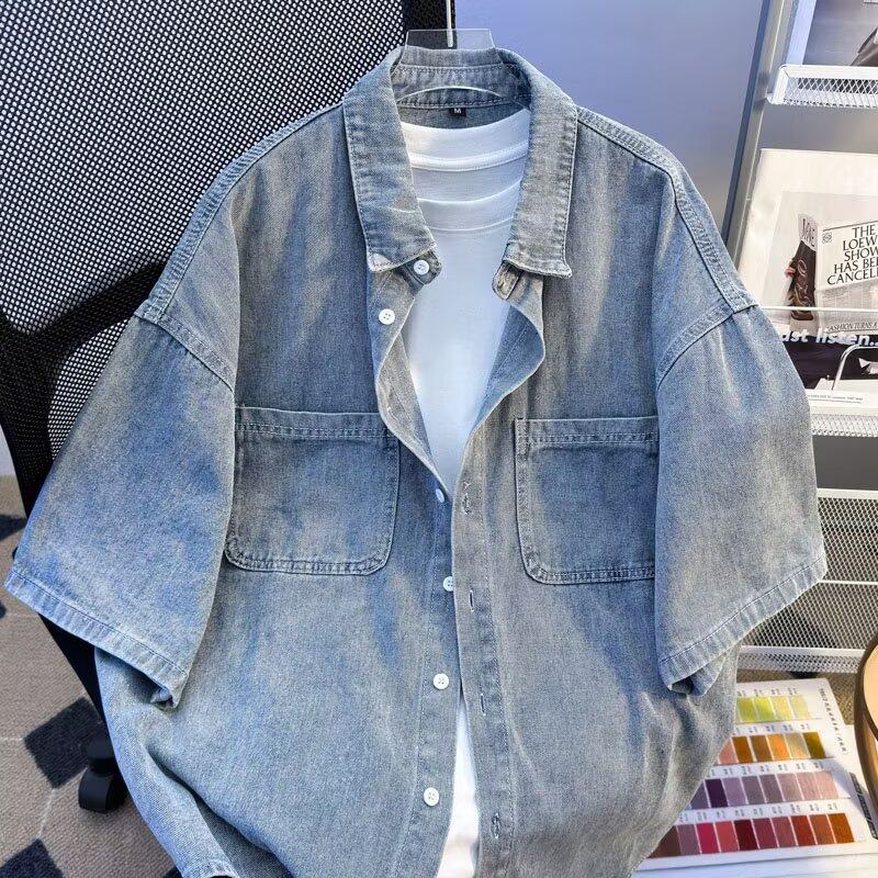 牛仔短袖衬衫男夏季纯色韩版潮流青少年复古休闲bf风宽松开衫半袖,男装,牛仔衬衫,淘宝优惠券,粉丝福利购,淘宝优惠卷