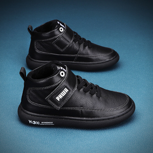 男童鞋子2025秋冬加绒棉儿童真皮运动鞋中大童学生英伦风单鞋黑色