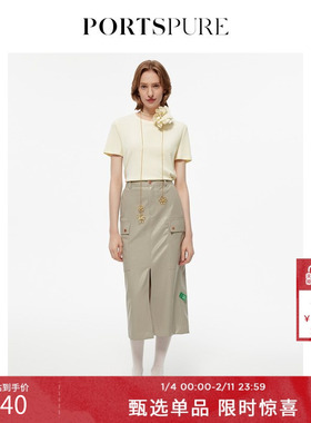 宝姿PORTSPURE女装纯色清新简约创意印花短袖上衣RT3N102RCD060