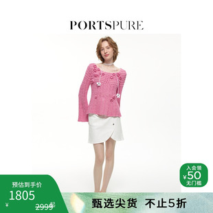 春季 甜美花朵镂空 宝姿PORTSPURE女装 修身 喇叭袖 圆领轻薄针织衫