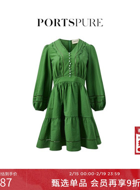 宝姿PORTSPURE女装舒适自然经典森女褶皱镂空收腰连衣裙
