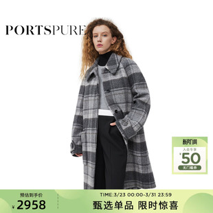 宝姿PORTSPURE女装 格雷系插肩减龄复古高级感格纹毛呢大衣外套