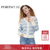 饰羊毛针织开衫 宝姿PORTSPURE女装 秋冬海军风清新条纹V领纽扣装