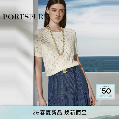 宝姿PORTSPURE女装2026早春新品针织镂空肌理圆领短袖套头毛衫