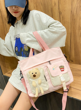 补习袋补课包女款斜挎包帆布包女斜挎单肩手提袋ins学生包包2020新款潮大容量手拎帆布袋