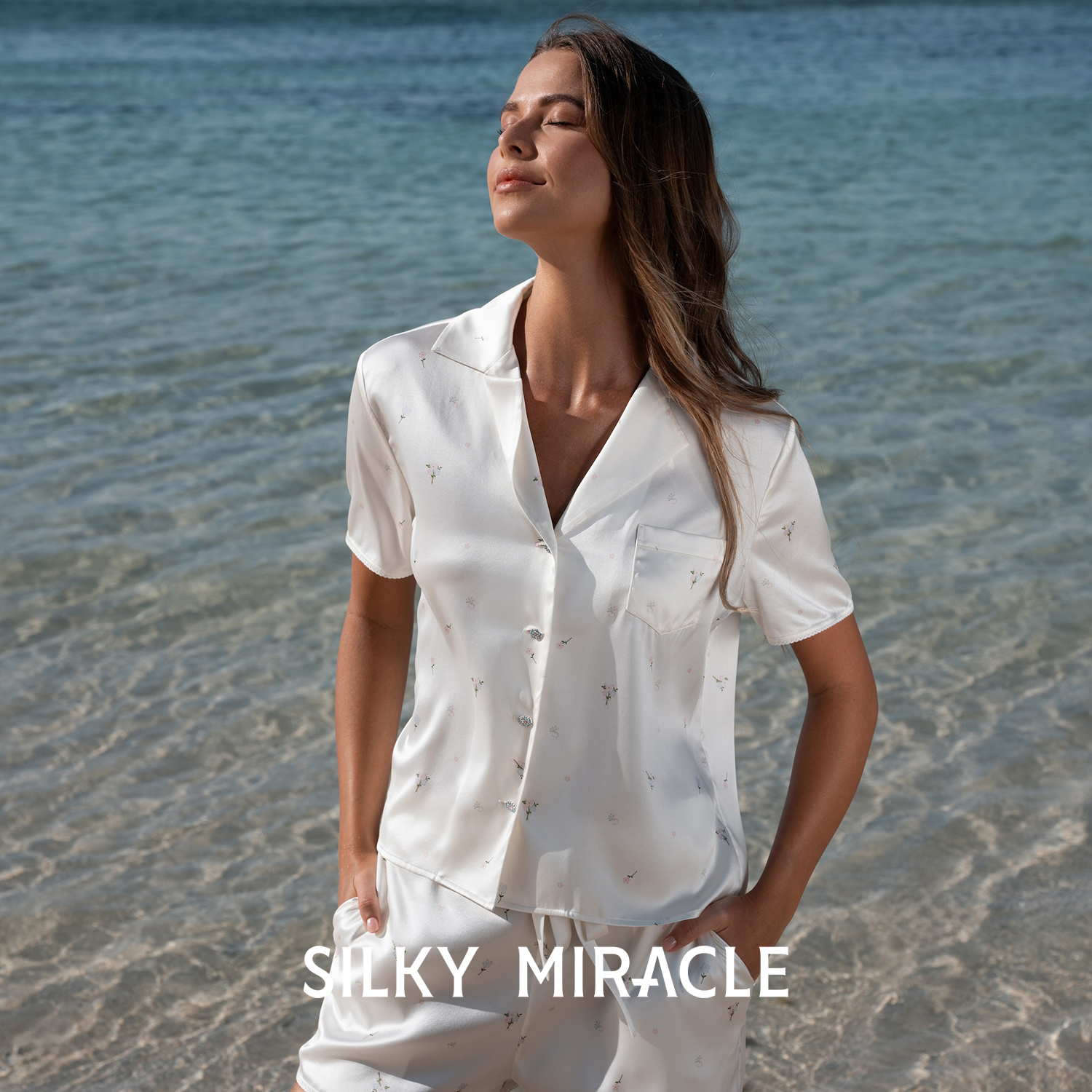 SILKYMIRACLE印花真丝短套装女