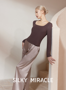 SILKY MIRACLE真丝莫代尔针织睡衣NUDE长袖U领长睡裤新款修身打底