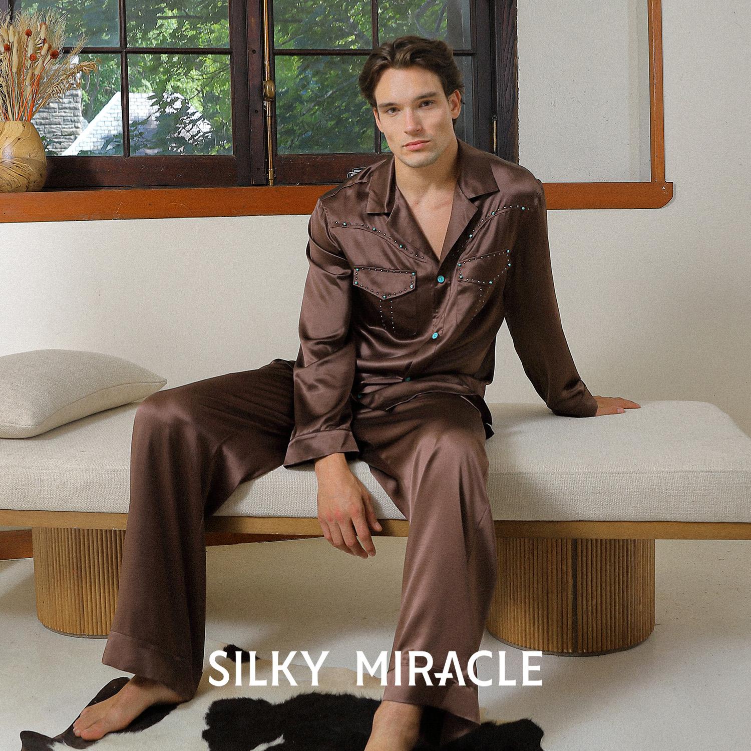 SILKYMIRACLE男真丝牛仔睡衣