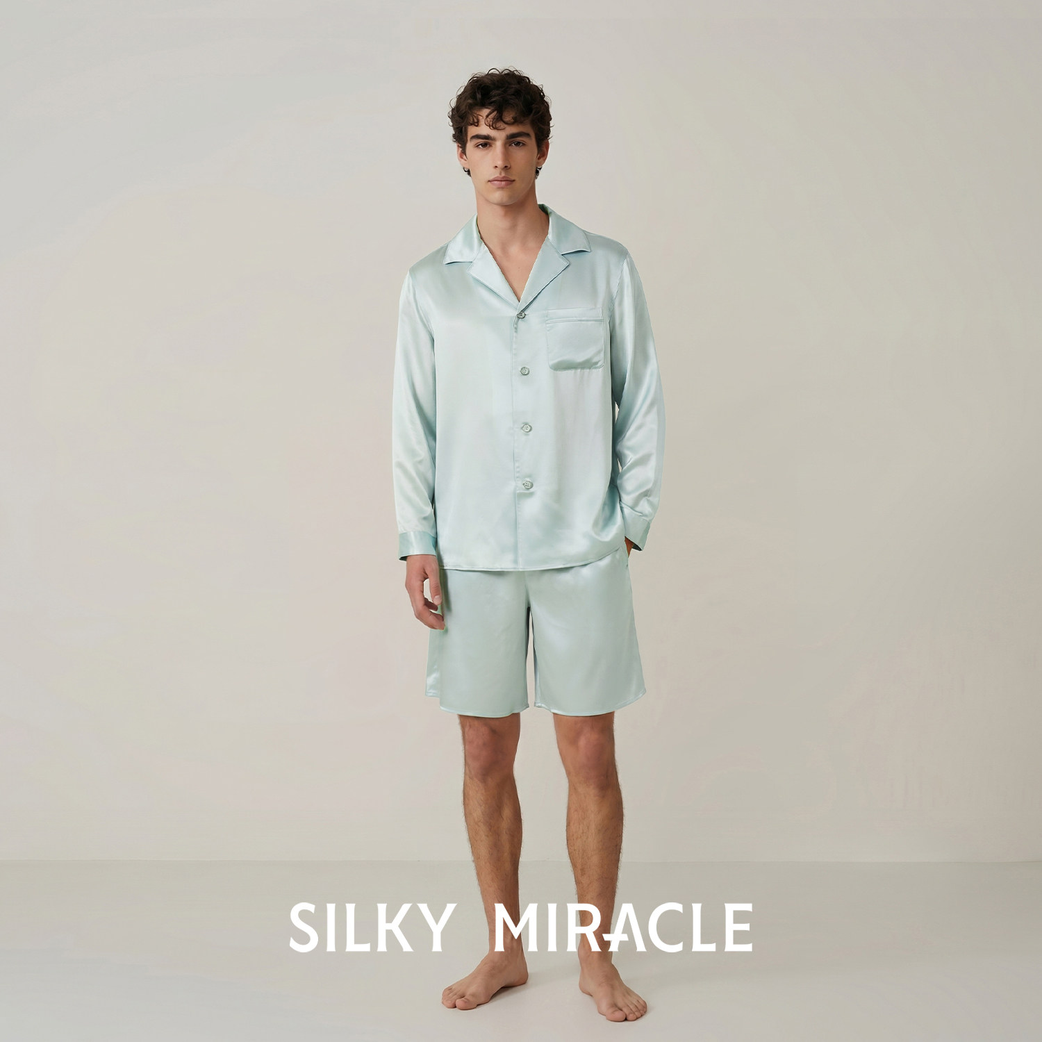SILKY MIRACLE男士真丝睡衣新款长袖短裤套装高级感家居