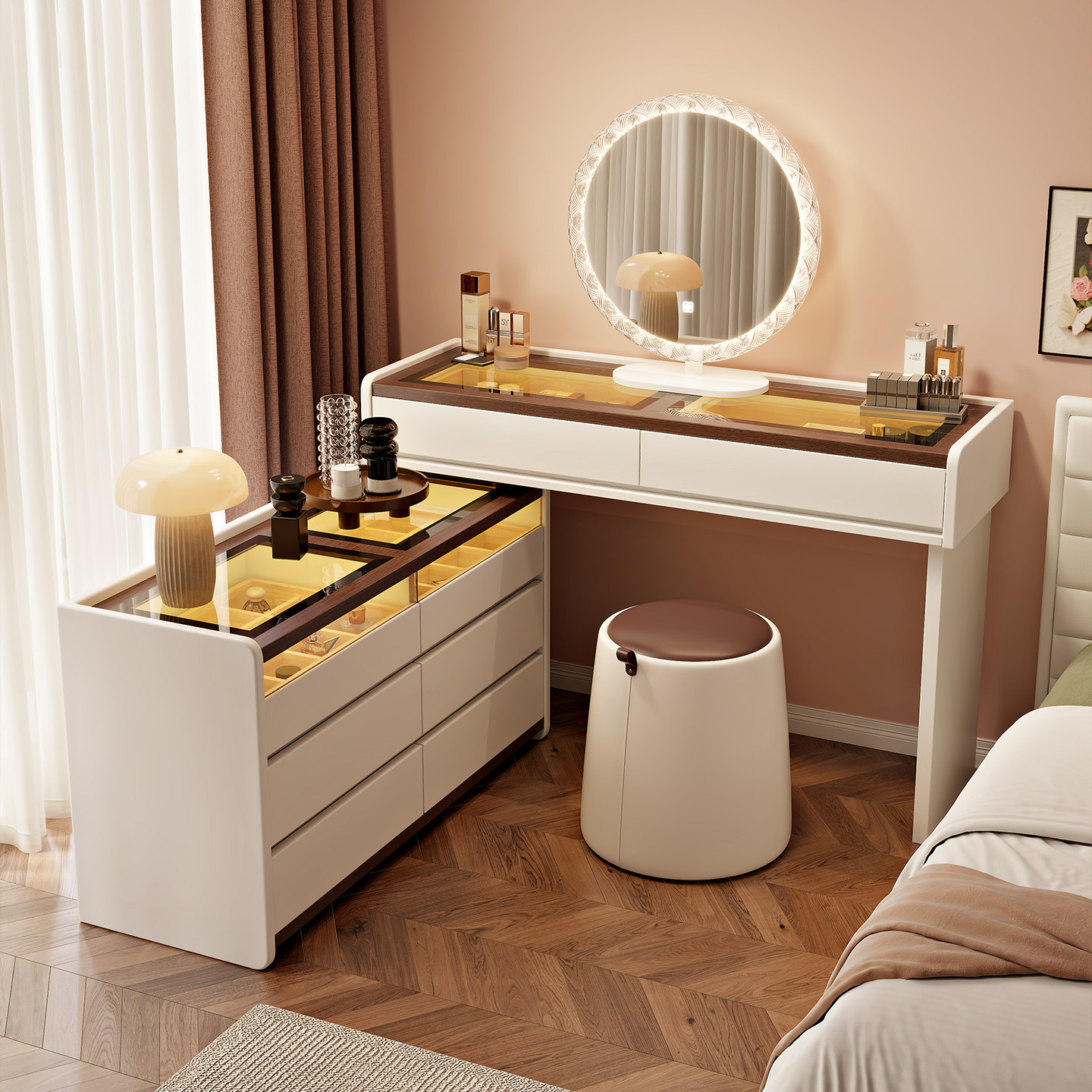 奶油风实木梳妆台斗柜一体卧室2026新款现代简约高级化妆桌收纳柜