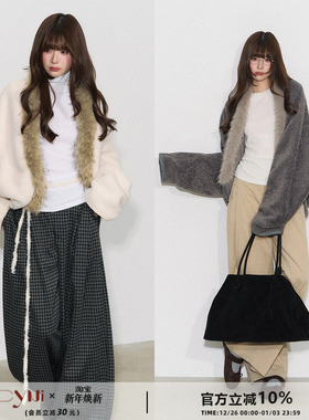 CyNi【暖绒午后】慵懒宽松落肩拼接大毛领上衣蝙蝠袖毛呢外套女