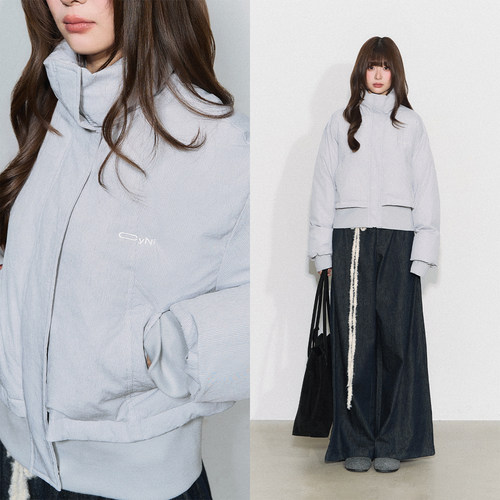 CyNi【斑光巡游】少女风加厚假两件羽绒服上衣条纹短款立领外套女