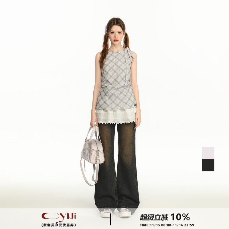 CyNi挂脖格子花边蕾丝连衣裙