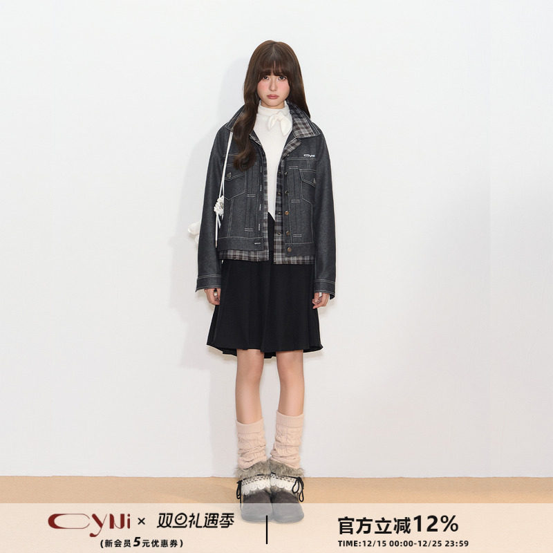 CyNi 设计感格纹撞色单排扣落肩上衣格子假两件翻领牛仔外套