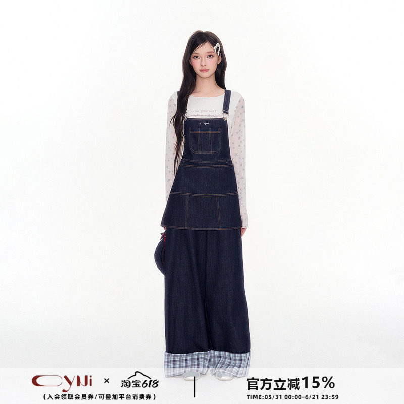 CyNi 宽松复古可调节阔腿牛仔裤格子拼接可拆卸屁帘宽松背带裤女